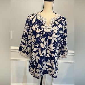Alfred Dunmer Women’s 1/2 Sleeve 100% Cotton Top Tunic Blue And White Floral 16